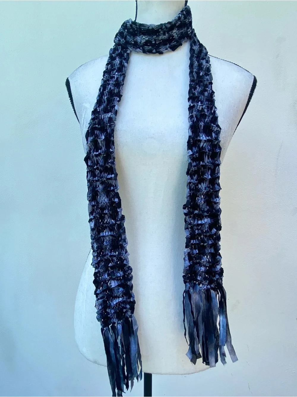 Y2K Black & Blue Crochet Satin Knit Skinny Fringe Scarf